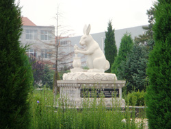 Statue of a rabbit concoting medicine